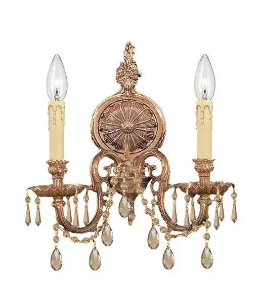 2 Light Olde Brass Crystal Sconce Draped In Golden Teak Hand Cut Crystal – C193-2802-OB-GT-MWP